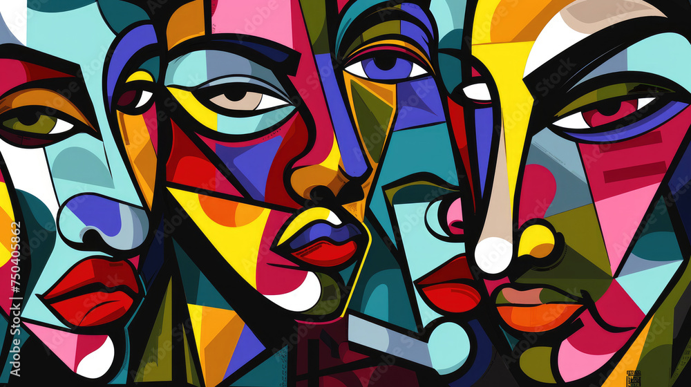 Abstract black and white cubist faces mixed with bold stroke accents of blue, lime green, deep red, yellow and magenta, retro colors. Illustration for creative design Abstract black and white cubist faces mixed with bold stroke accents of blue, lime green, deep red, yellow and magenta, retro colors. Illustration for creative design