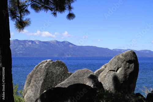  California Lake Tahoe with blue water and rocks
