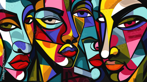Abstract black and white cubist faces mixed with bold stroke accents of blue  lime green  deep red  yellow and magenta  retro colors. Illustration for creative design