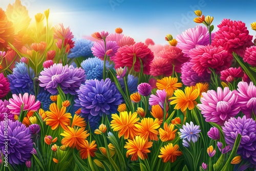 A field of colorful flowers with bright blue sky in background