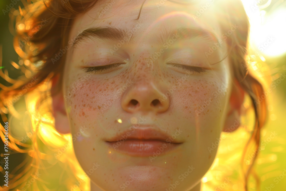 portrait of a young woman with closed eyes smiling tenderly in the rays of the summer sun portrait of a young woman with closed eyes smiling tenderly in the rays of the summer sun