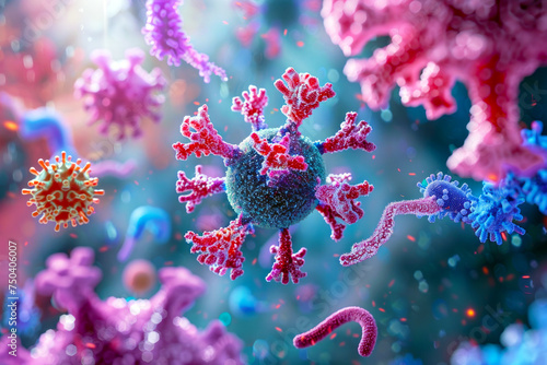 Computer-generated imagery of antibodies attacking a virus, symbolizing medical defense mechanisms