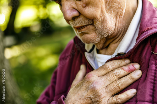 Senior man experiencing chest pain in an outdoor setting, reflecting health concerns and emergency response photo