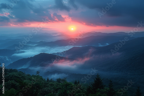 Sunrise Over Misty Blue Mountain Ranges