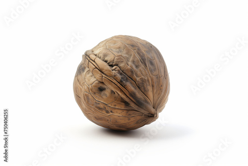 Close-up of a walnut with its shell intact isolated on white background