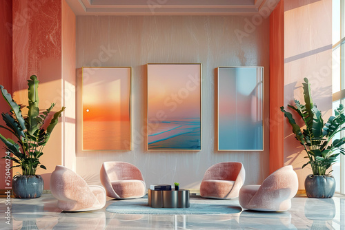 Elegant boutique hotel lobby with bold art, vibrant furniture, and lush indoor plants. Hotel lobby with orange sofas, yellow wall, and modern art. photo