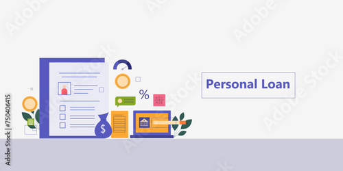 Applying for personal loan, Personal loan approval, Bank documents for personal loan application, bank loan interest rate, vector background landing page photo