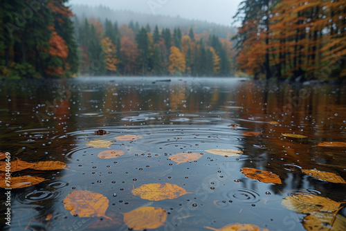 Serene Lake with Autumn Leaves and Raindrops