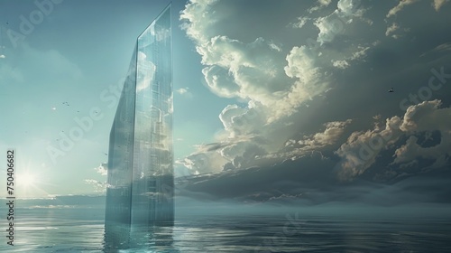 Incredible crystal skyscraper rising above the water s surface  impressing with its transparent and grand view. Surreal cityscape presents a skyscraper that transcends above and below the waterline