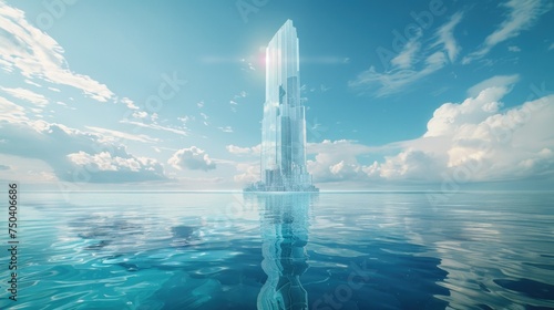 Incredible crystal skyscraper rising above the water's surface, impressing with its transparent and grand view. Surreal cityscape presents a skyscraper that transcends above and below the waterline