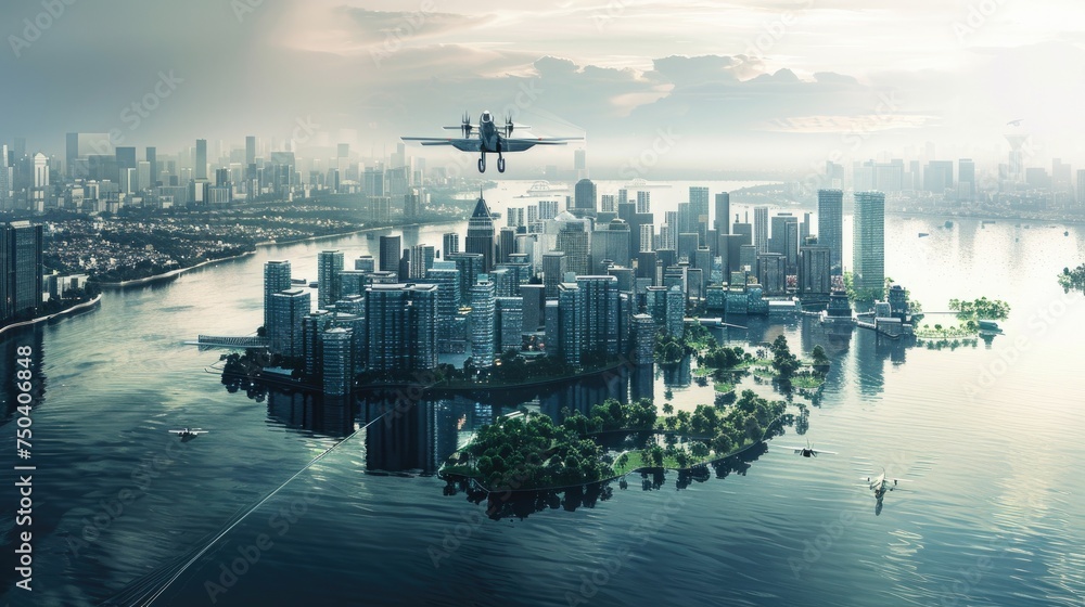 Obraz premium Green island city where buildings and parks intertwine, creating a unique ecological balance and minimizing negative impact on the environment. Concept of floating city