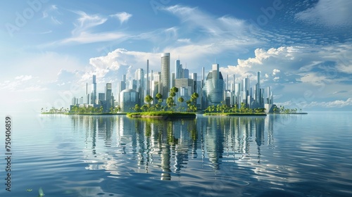 Futuristic Urban Oasis. A serene oasis boasting lush greenery and towering skyscrapers reflects on the water's surface, illustrating a harmonious blend of nature and urban development