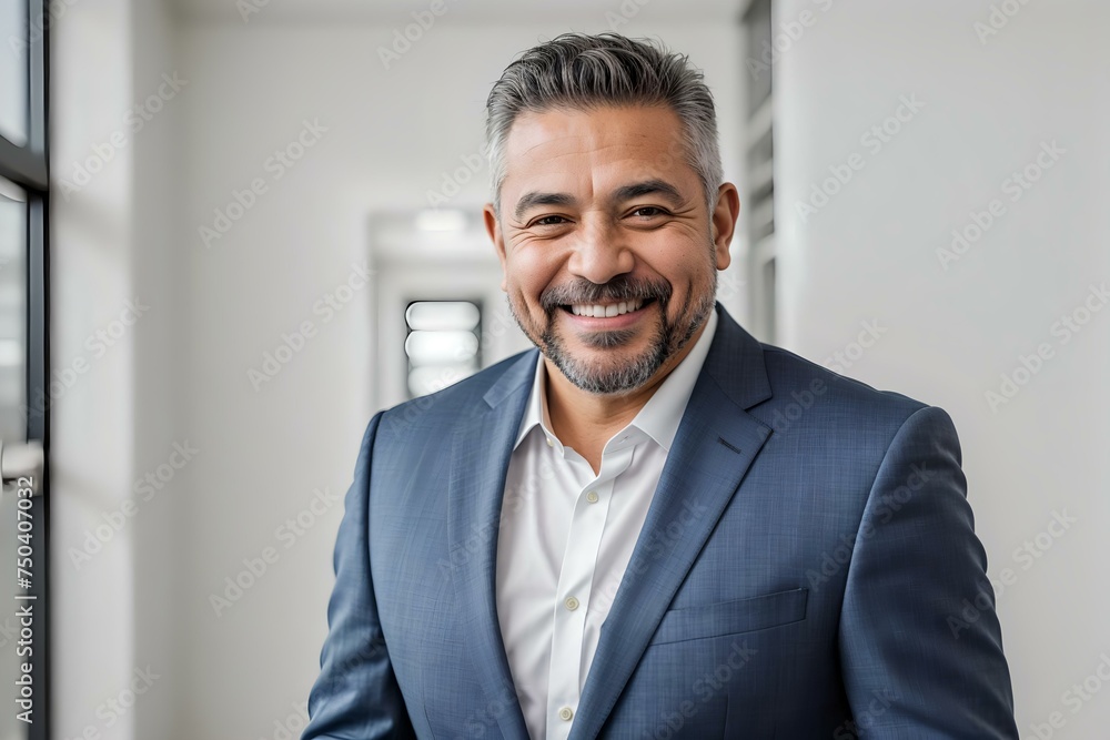 Businessperson in Dark Blue Suit Standing in Bright Corridor Businessperson in Dark Blue Suit Standing in Bright Corridor