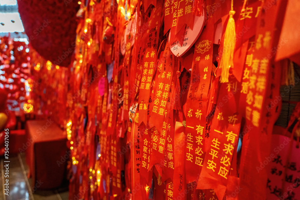 Close-Up of Chinese New Year Wish Cards and Decorations