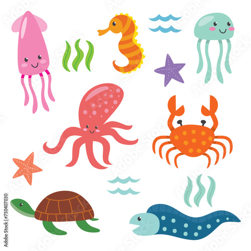 Cute ocean animal set cartoon series