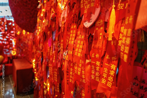 Close-Up of Chinese New Year Wish Cards and Decorations