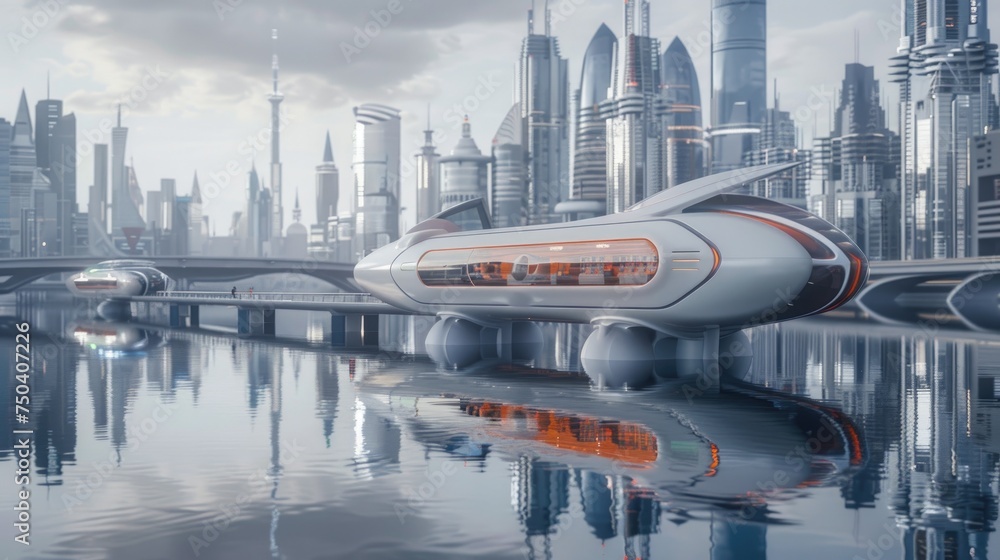 Transportation freely moving between floating city islands, convenient and environmentally friendly, floating city, aquatic metropolis: waterways and modernity Transportation freely moving between floating city islands, convenient and environmentally friendly, floating city, aquatic metropolis: waterways and modernity