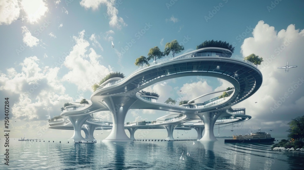 Transportation freely moving between floating city islands, convenient and environmentally friendly, floating city, aquatic metropolis: waterways and modernity Transportation freely moving between floating city islands, convenient and environmentally friendly, floating city, aquatic metropolis: waterways and modernity