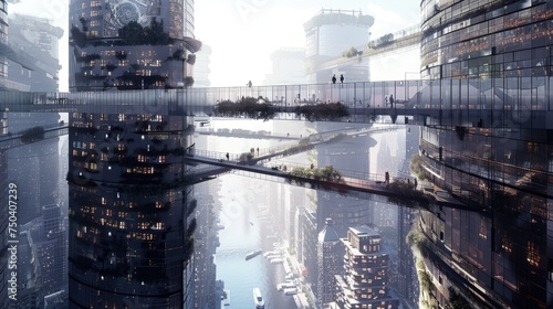 Magnificent sky bridges connecting different components of the floating city, serving as both functional and aesthetic elements. An innovative cityscape merges lush greenery with futuristic design © Rodica