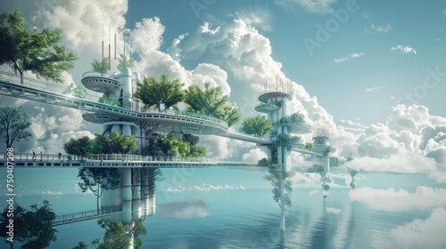 Transportation freely moving between floating city islands, convenient and environmentally friendly, floating city, aquatic metropolis: waterways and modernity