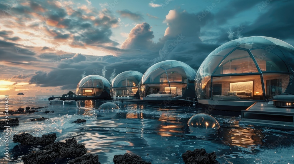 Underwater residential complex, with transparent domes housing luxurious apartments and fascinating ocean views. A cluster of aquatic biodomes , offering a sustainable habitat with breathtaking views