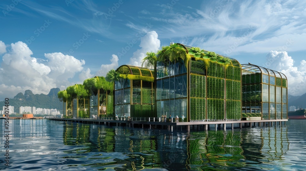 Verdant Vertical Living - Eco-Architecture. Innovative green architecture integrates lush vegetation into multi-story buildings, creating self-sustaining living spaces on the water. Floating building - obrazy, fototapety, plakaty 