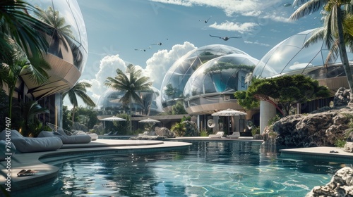 Underwater residential complex, with transparent domes housing luxurious apartments and fascinating ocean views. A cluster of aquatic biodomes , offering a sustainable habitat with breathtaking views photo