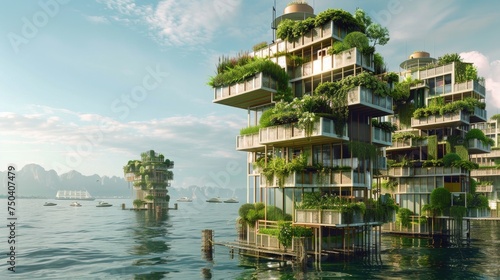 Verdant Vertical Living - Eco-Architecture. Innovative green architecture integrates lush vegetation into multi-story buildings, creating self-sustaining living spaces on the water. Floating building