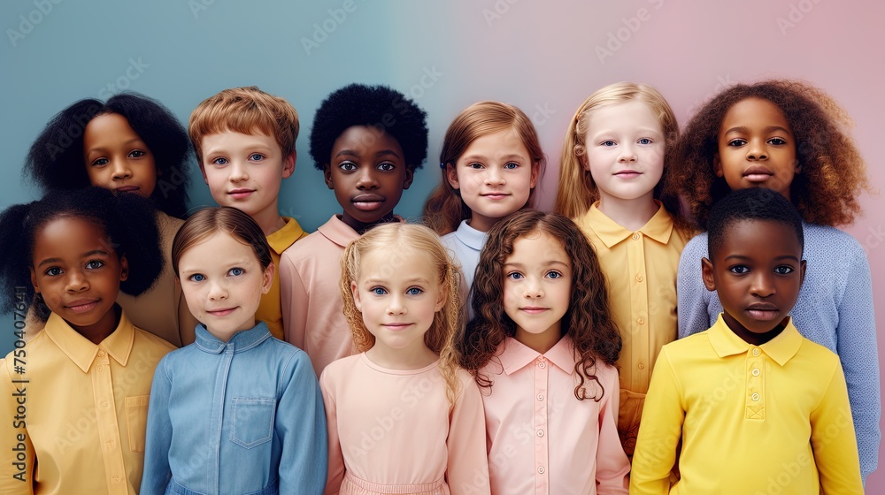 Diverse group of small children from various ethnicities looking into the camera, wearing colorful clothes against a vibrant wall backdrop Diverse group of small children from various ethnicities looking into the camera, wearing colorful clothes against a vibrant wall backdrop