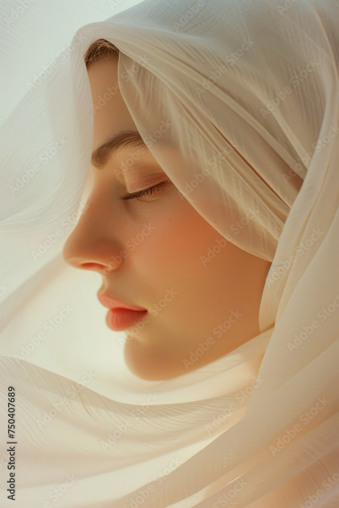 Fototapeta premium portrait of a young woman with perfect skin wrapped in light and transparent fabric