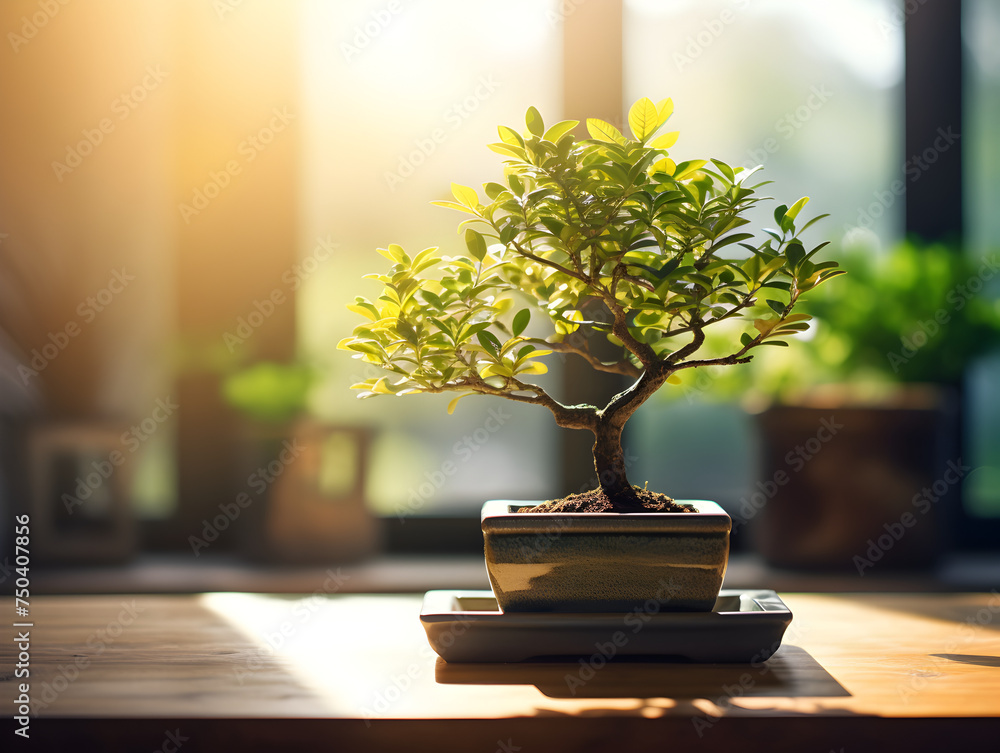 Small bonsai tree in a pot on table, blurry sunlight background Small bonsai tree in a pot on table, blurry sunlight background