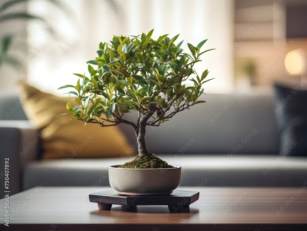 Small bonsai tree in a pot on table, blurry living room background Small bonsai tree in a pot on table, blurry living room background