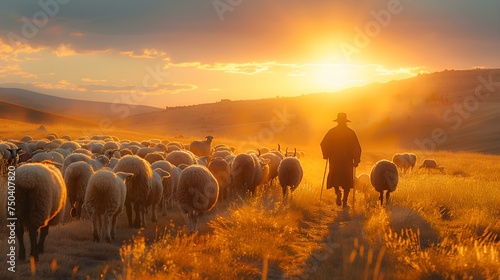 A shepherd leads his flock of sheep as the sun sets. Concept Nature, Sheep, Sunset, Shepherd, Landscape photo