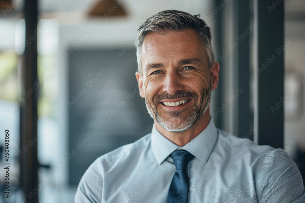 A man wearing a blue shirt and a blue tie is smiling A man wearing a blue shirt and a blue tie is smiling