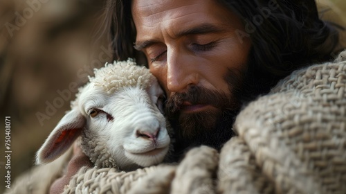 Symbolic image of Christ cradling a lamb conveying love comfort and compassion. Concept Symbolic Art, Christian Imagery, Christ with Lamb, Love and Compassion, Religious Symbolism, photo