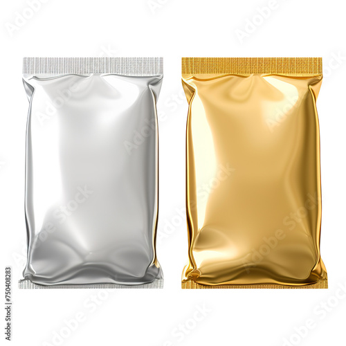 Blank gold and silver metal sachet packet isolated on transparent background Remove png, Clipping Path, pen tool photo