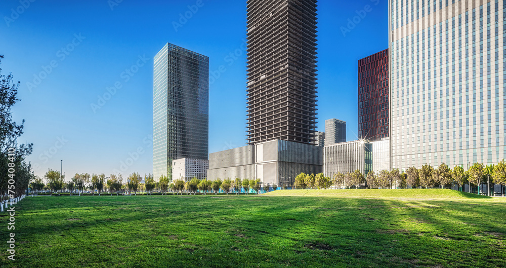 Urban Park Oasis with Skyline of Towering Skyscrapers