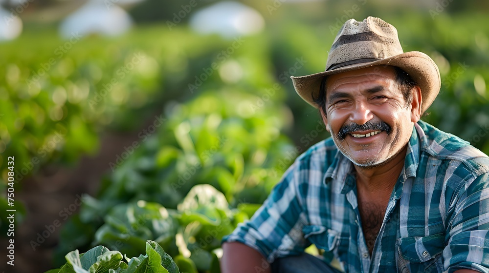Portrait of a Joyful Hispanic Farmer Caring for Crops in a Field. Concept Portrait Photography, Hispanic Farmer, Crops, Agriculture, Outdoor Portrait