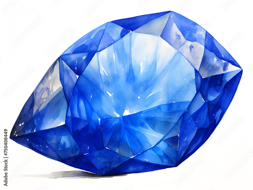 Watercolor illustration of a blue sapphire gemstone on white background 