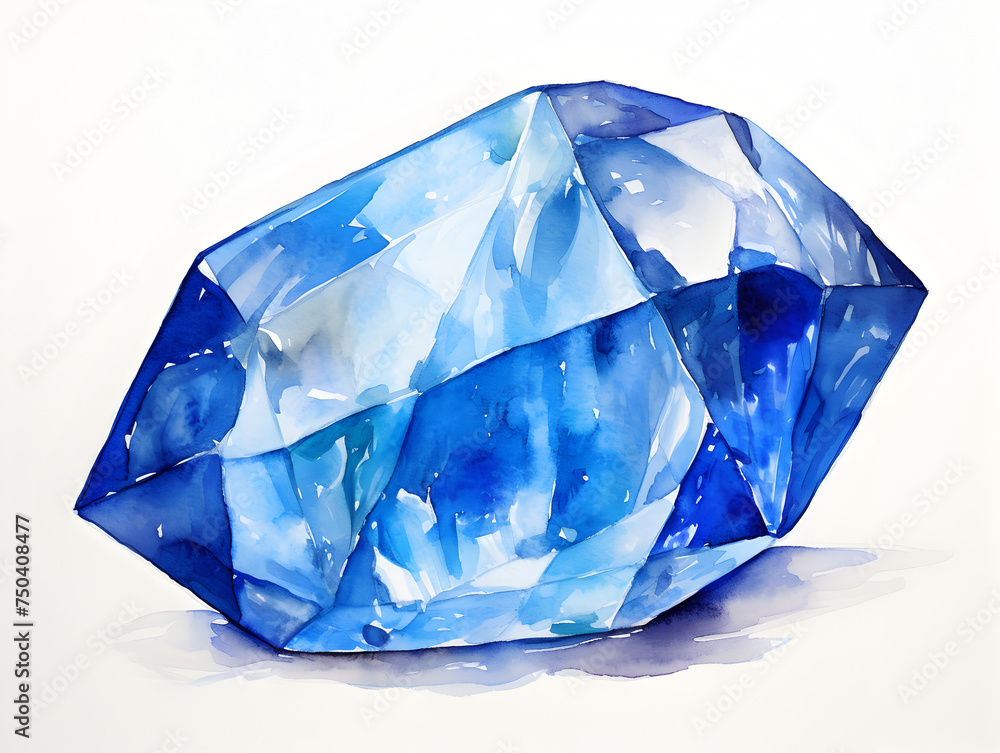 Watercolor illustration of a blue sapphire gemstone on white background 