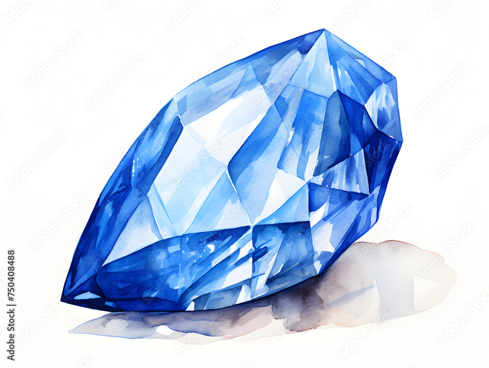 Watercolor illustration of a blue sapphire gemstone on white background Watercolor illustration of a blue sapphire gemstone on white background