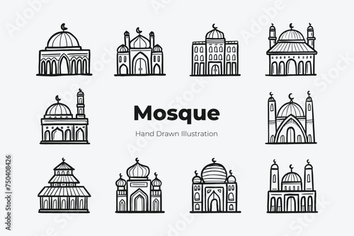 Hand drawn mosque illustration set