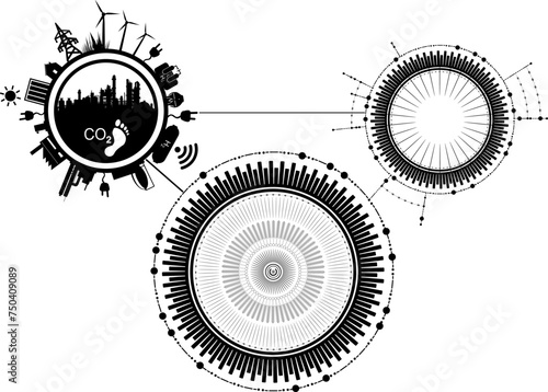 Vektor Darstellung Produktion Industrie Roboter - Funk Vernetzung Remote - Energie Daten und Analyse CO2 Reduzierung - Umweltschutz