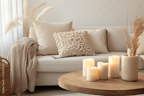 Cozy and stylish living room interior. Couch with decorative cushions in pastel neutral colors and wooden table with candles, vase with dry plants and natural decorations