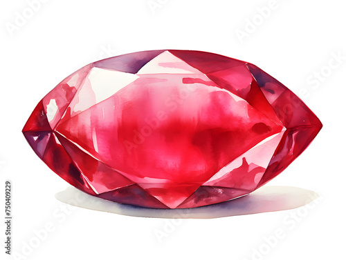Watercolor illustration of a red ruby gemstone on white background 
