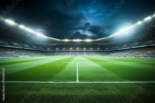 Empty night soccer arena in lights, football stadium field illumination background
