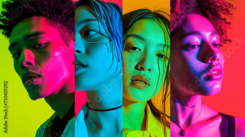 Multi-Ethnic Group in Vivid Neon Lights Showcasing Modern Youth Culture