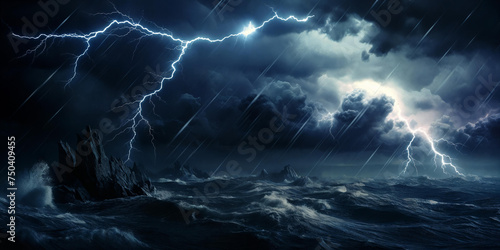 Stormy sea under dark clouds with lightning crashing waves. Generative AI.
