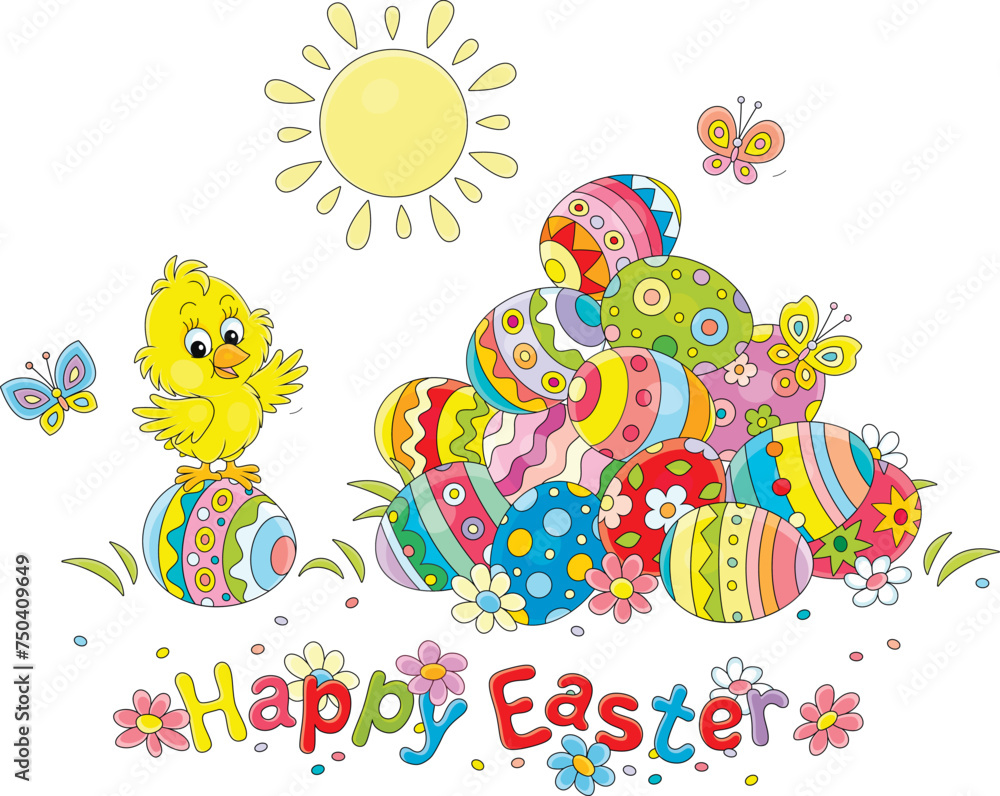 Obraz premium Easter card with a happy little chick and a pile of colorfully painted gift eggs on a pretty sunny lawn with spring flowers and merry fluttering butterflies, vector cartoon illustration