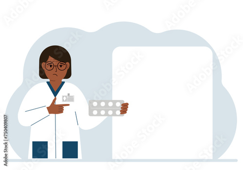 A female doctor holds pills in his hand. Large white sheet for text.